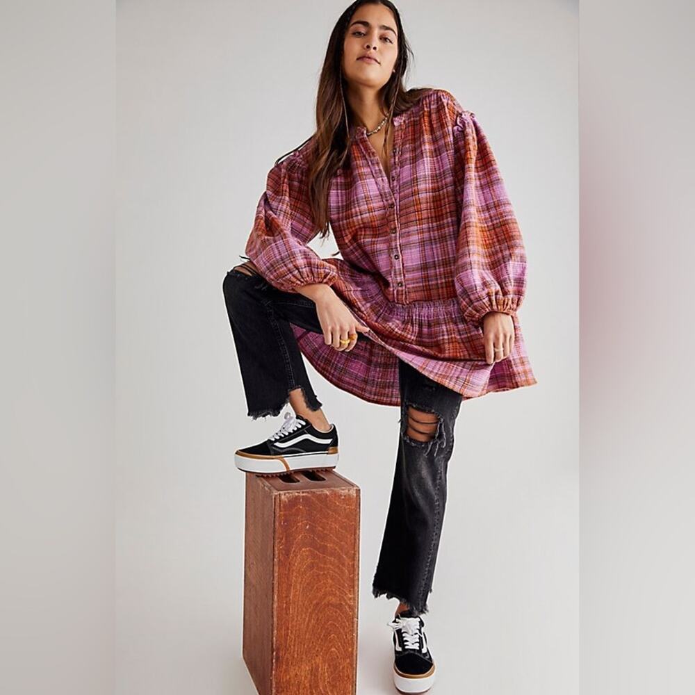 Free People Textured Alexa Plaid Mini Dress Cotton Slouchy Pink Sz Small‎